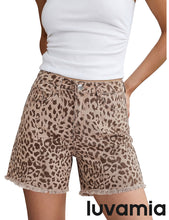 luvamia FleXclusive Jean Shorts for Women Trendy High Rise Mid Thigh Cheetah Leopard Print Raw Hem Stretch Denim Casual Summer Jorts