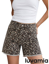 luvamia FleXclusive Jean Shorts for Women Trendy High Rise Mid Thigh Cheetah Leopard Print Raw Hem Stretch Denim Casual Summer Jorts