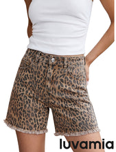luvamia FleXclusive Jean Shorts for Women Trendy High Rise Mid Thigh Cheetah Leopard Print Raw Hem Stretch Denim Casual Summer Jorts