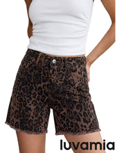 luvamia FleXclusive Jean Shorts for Women Trendy High Rise Mid Thigh Cheetah Leopard Print Raw Hem Stretch Denim Casual Summer Jorts