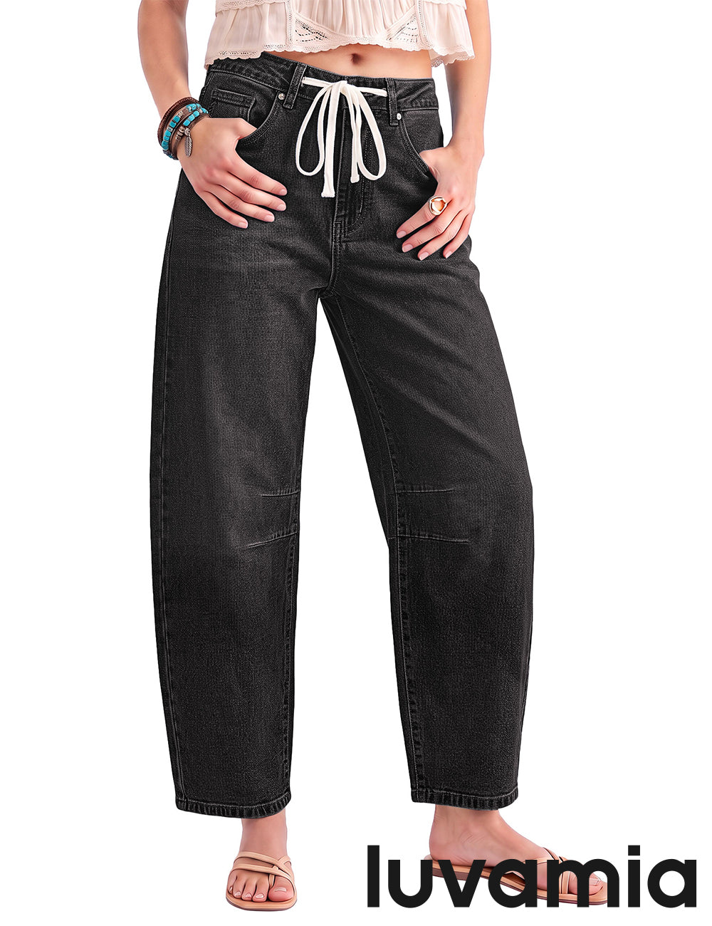 luvamia FleXclusive Barrel Jeans Women Trendy Baggy High Waisted Drawstring Denim Pants Barrel Wide Leg Pants, 27.5