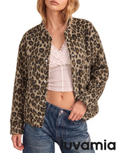 luvamia Women Leopard Print Bomber Jacket Oversized Wool Blend Fall Outfits Brushed, Cheetah, Animal Print Jackets, Stand Collar, Snap Button, Elastic Hem, Winter Coats with Pockets, Western Outfits