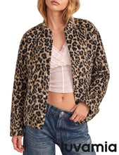 luvamia Women Leopard Print Bomber Jacket Oversized Wool Blend Fall Outfits Brushed, Cheetah, Animal Print Jackets, Stand Collar, Snap Button, Elastic Hem, Winter Coats with Pockets, Western Outfits