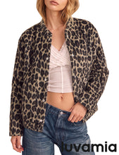 luvamia Women Leopard Print Bomber Jacket Oversized Wool Blend Fall Outfits Brushed, Cheetah, Animal Print Jackets, Stand Collar, Snap Button, Elastic Hem, Winter Coats with Pockets, Western Outfits