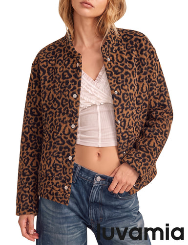 luvamia Women Leopard Print Bomber Jacket Oversized Wool Blend Fall Outfits Brushed, Cheetah, Animal Print Jackets, Stand Collar, Snap Button, Elastic Hem, Winter Coats with Pockets, Western Outfits