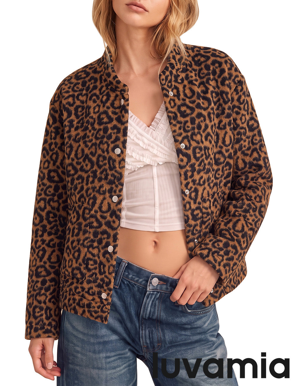 luvamia Women Leopard Print Bomber Jacket Oversized Wool Blend Fall Outfits Brushed, Cheetah, Animal Print Jackets, Stand Collar, Snap Button, Elastic Hem, Winter Coats with Pockets, Western Outfits