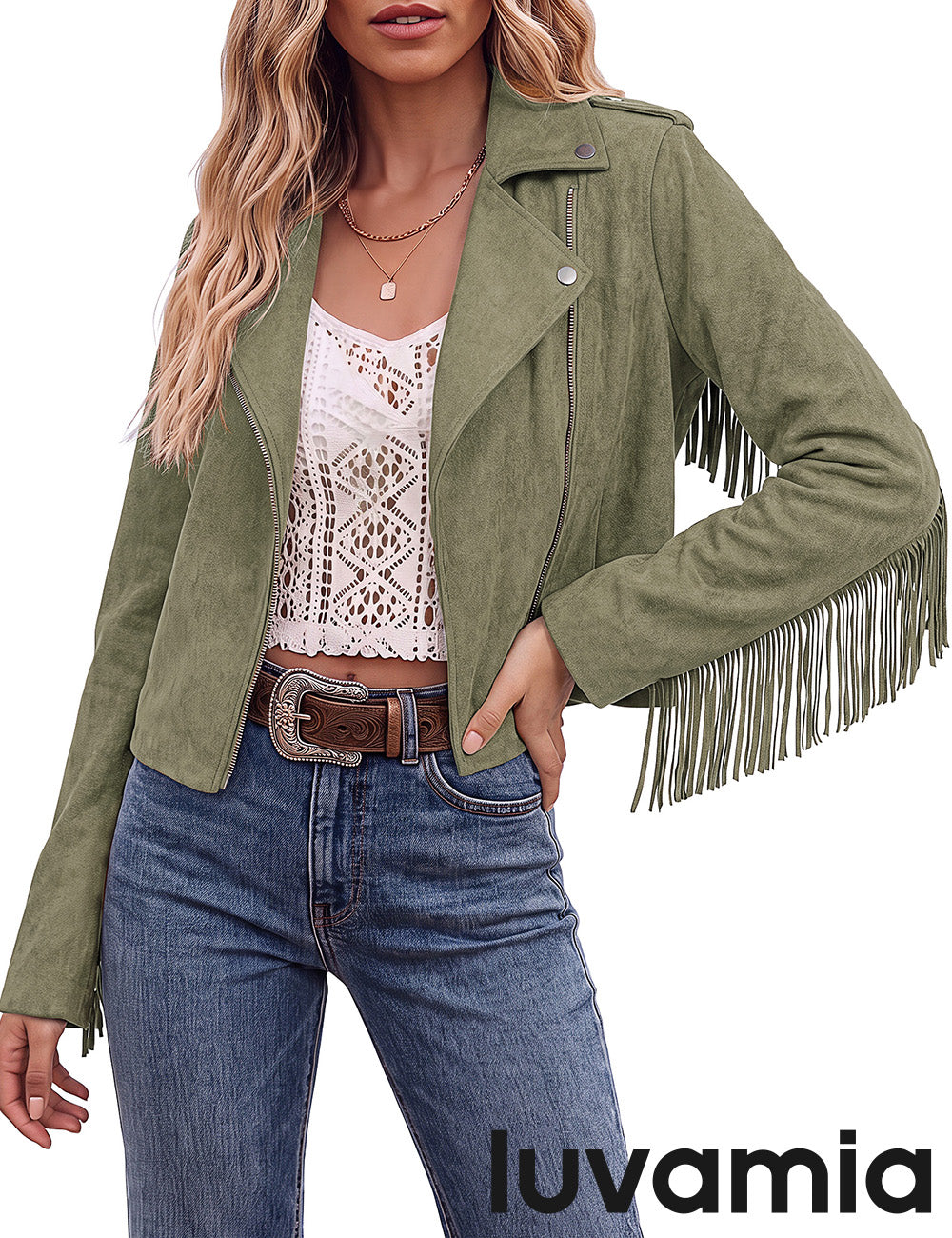 luvamia Fringe Jackets For Women Trendy Cropped Faux Suede Jacket Women Faux Leather Fall Jackets For Women, Full Lining, Zip Up, Tassel Cowgirl Jacket, Country Concert, Western Outfit For Women