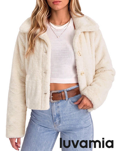 luvamia Faux Fur Jackets for Women Cropped Fuzzy Fluffy Fall Winter Coats Trendy Oversized Jacket, Crop, Lapel, Button Down Closure, Faux Fur Coats with Pockets, Inner Lining, Warm Winter Outerwea