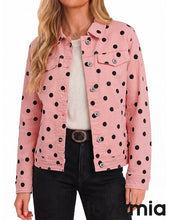 luvamia Jean Jacket Women Polka Dot Fall Stretch Denim Jacket With Pockets Classic Trucker Silhouette, Slightly Cropped Fit, Chest Flap Pockets, Button Front, Country Concert, Fall Outfits for Women