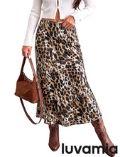 luvamia Women Satin Skirt Leopard Print Maxi Long Stretchy Elastic Skirts Cheetah Animal Print, Bias Cut Skirt, A-Line, High Waisted, Flowy Long Slip Skirts, Elastic Waistband, Fall Outfits for Women