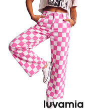 luvamia Checkered Pants Women High Rise Cinch-Waist Stretchy Wide Leg Jeans Adjustable Waist, Patterned Pants for Women, Baggy Jeans Y2K, Checkerboard Print, Alternative Clothes