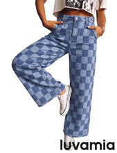 luvamia Checkered Pants Women High Rise Cinch-Waist Stretchy Wide Leg Jeans Adjustable Waist, Patterned Pants for Women, Baggy Jeans Y2K, Checkerboard Print, Alternative Clothes