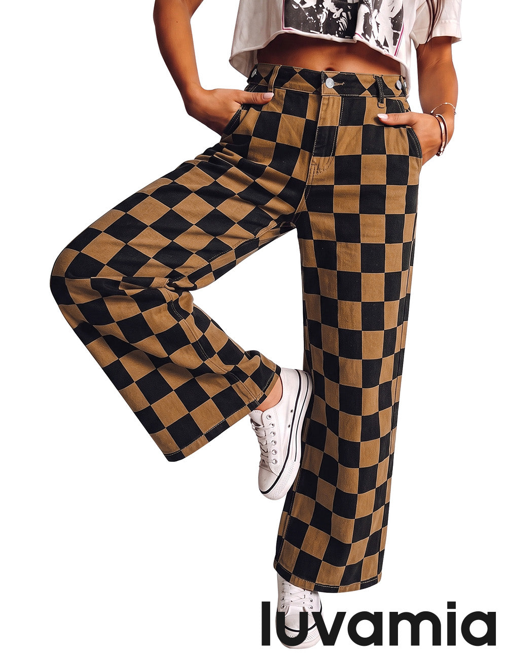 luvamia Checkered Pants Women High Rise Cinch-Waist Stretchy Wide Leg Jeans Adjustable Waist, Patterned Pants for Women, Baggy Jeans Y2K, Checkerboard Print, Alternative Clothes