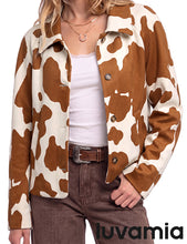 luvamia Faux Suede Cow Print Fall Jackets For Women Cropped Jacket Shacket Faux Leather, Full Lining, Button Down Shackets For Women With Pockets, Oversized Fall Outerwear, Cowgirl Outfits For Women