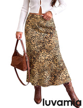luvamia Women Satin Skirt Leopard Print Maxi Long Stretchy Elastic Skirts Cheetah Animal Print, Bias Cut Skirt, A-Line, High Waisted, Flowy Long Slip Skirts, Elastic Waistband, Fall Outfits for Women