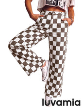 luvamia Checkered Pants Women High Rise Cinch-Waist Stretchy Wide Leg Jeans Adjustable Waist, Patterned Pants for Women, Baggy Jeans Y2K, Checkerboard Print, Alternative Clothes
