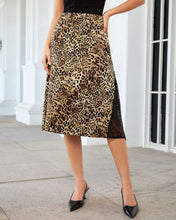 luvamia Satin Skirts for Women Leopard Slit Lace Trim A Line Midi Skirt Hidden Elastic Waistband, High Waisted Stretchy Slip Skirt, Flowy Animal Cheetah Print, Casual Side Split Bias Cut Skirts