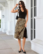 luvamia Satin Skirts for Women Leopard Slit Lace Trim A Line Midi Skirt Hidden Elastic Waistband, High Waisted Stretchy Slip Skirt, Flowy Animal Cheetah Print, Casual Side Split Bias Cut Skirts