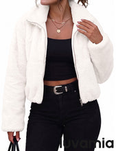 luvamia Faux Fur Jackets for Women Fall Cropped Coat Fuzzy Winter Outerwear Zip Up Front, Modern Retro Style, Lapel Collar, Drop Shoulder, Long Sleeve, Autumn Layering, City Chic Outerwear, Wide Collar