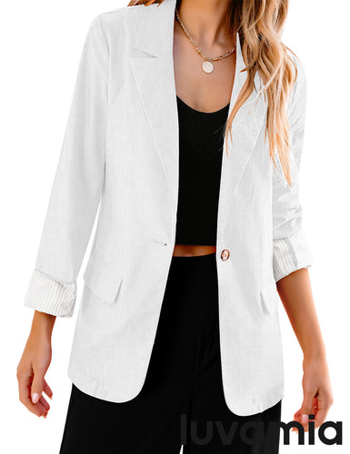 LUVAMIA Women's Business Casual Pocket Notched Lapels Blazer Long Rolled Up Sleeve Blazer