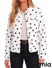 luvamia Jean Jacket Women Polka Dot Fall Stretch Denim Jacket With Pockets Classic Trucker Silhouette, Slightly Cropped Fit, Chest Flap Pockets, Button Front, Country Concert, Fall Outfits for Women