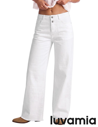 luvamia FleXclusive Wide Leg Jeans for Women High Waisted Stretchy Denim Pants Raw Hem Wide Leg Jeans, 90s Baggy Straight, High Rise, Stretch, 29.5 Inch Inseam, Button Front, Raw Hem, Western Outfit for Women