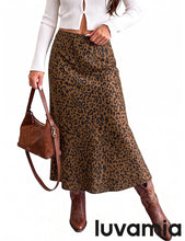 luvamia Women Satin Skirt Leopard Print Maxi Long Stretchy Elastic Skirts Cheetah Animal Print, Bias Cut Skirt, A-Line, High Waisted, Flowy Long Slip Skirts, Elastic Waistband, Fall Outfits for Women