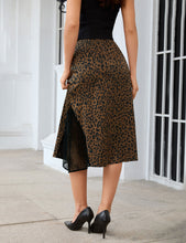 luvamia Satin Skirts for Women Leopard Slit Lace Trim A Line Midi Skirt Hidden Elastic Waistband, High Waisted Stretchy Slip Skirt, Flowy Animal Cheetah Print, Casual Side Split Bias Cut Skirts