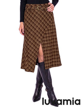 luvamia Plaid Midi Skirts for Women High Waist A-Line Fall Skirt with Belt Front Slit Opening, Asymmetrical Front Hem, Overlapping Front Panel, Diagonal Plaid Pattern, Back Elastic Waist, Fall Outfits