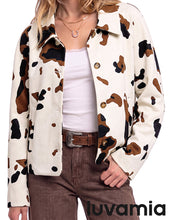 luvamia Faux Suede Cow Print Fall Jackets For Women Cropped Jacket Shacket Faux Leather, Full Lining, Button Down Shackets For Women With Pockets, Oversized Fall Outerwear, Cowgirl Outfits For Women