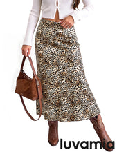 luvamia Women Satin Skirt Leopard Print Maxi Long Stretchy Elastic Skirts Cheetah Animal Print, Bias Cut Skirt, A-Line, High Waisted, Flowy Long Slip Skirts, Elastic Waistband, Fall Outfits for Women