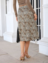 luvamia Satin Skirts for Women Leopard Slit Lace Trim A Line Midi Skirt Hidden Elastic Waistband, High Waisted Stretchy Slip Skirt, Flowy Animal Cheetah Print, Casual Side Split Bias Cut Skirts