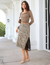 luvamia Satin Skirts for Women Leopard Slit Lace Trim A Line Midi Skirt Hidden Elastic Waistband, High Waisted Stretchy Slip Skirt, Flowy Animal Cheetah Print, Casual Side Split Bias Cut Skirts