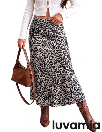 luvamia Women Satin Skirt Leopard Print Maxi Long Stretchy Elastic Skirts Cheetah Animal Print, Bias Cut Skirt, A-Line, High Waisted, Flowy Long Slip Skirts, Elastic Waistband, Fall Outfits for Women