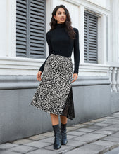 luvamia Satin Skirts for Women Leopard Slit Lace Trim A Line Midi Skirt Hidden Elastic Waistband, High Waisted Stretchy Slip Skirt, Flowy Animal Cheetah Print, Casual Side Split Bias Cut Skirts
