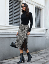 luvamia Satin Skirts for Women Leopard Slit Lace Trim A Line Midi Skirt Hidden Elastic Waistband, High Waisted Stretchy Slip Skirt, Flowy Animal Cheetah Print, Casual Side Split Bias Cut Skirts