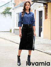 LUVAMIA 2025 Fall Winter Women's Corduroy Midi Skirt - High Waist Elastic Waistband Comfort Casual Solid Color Skirt