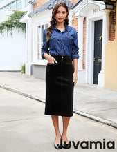 LUVAMIA 2025 Fall Winter Women's Corduroy Midi Skirt - High Waist Elastic Waistband Comfort Casual Solid Color Skirt