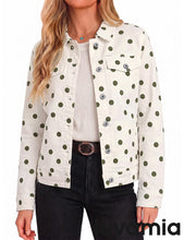 luvamia Jean Jacket Women Polka Dot Fall Stretch Denim Jacket With Pockets Classic Trucker Silhouette, Slightly Cropped Fit, Chest Flap Pockets, Button Front, Country Concert, Fall Outfits for Women