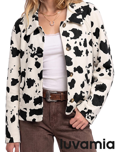 luvamia Faux Suede Cow Print Fall Jackets For Women Cropped Jacket Shacket Faux Leather, Full Lining, Button Down Shackets For Women With Pockets, Oversized Fall Outerwear, Cowgirl Outfits For Women