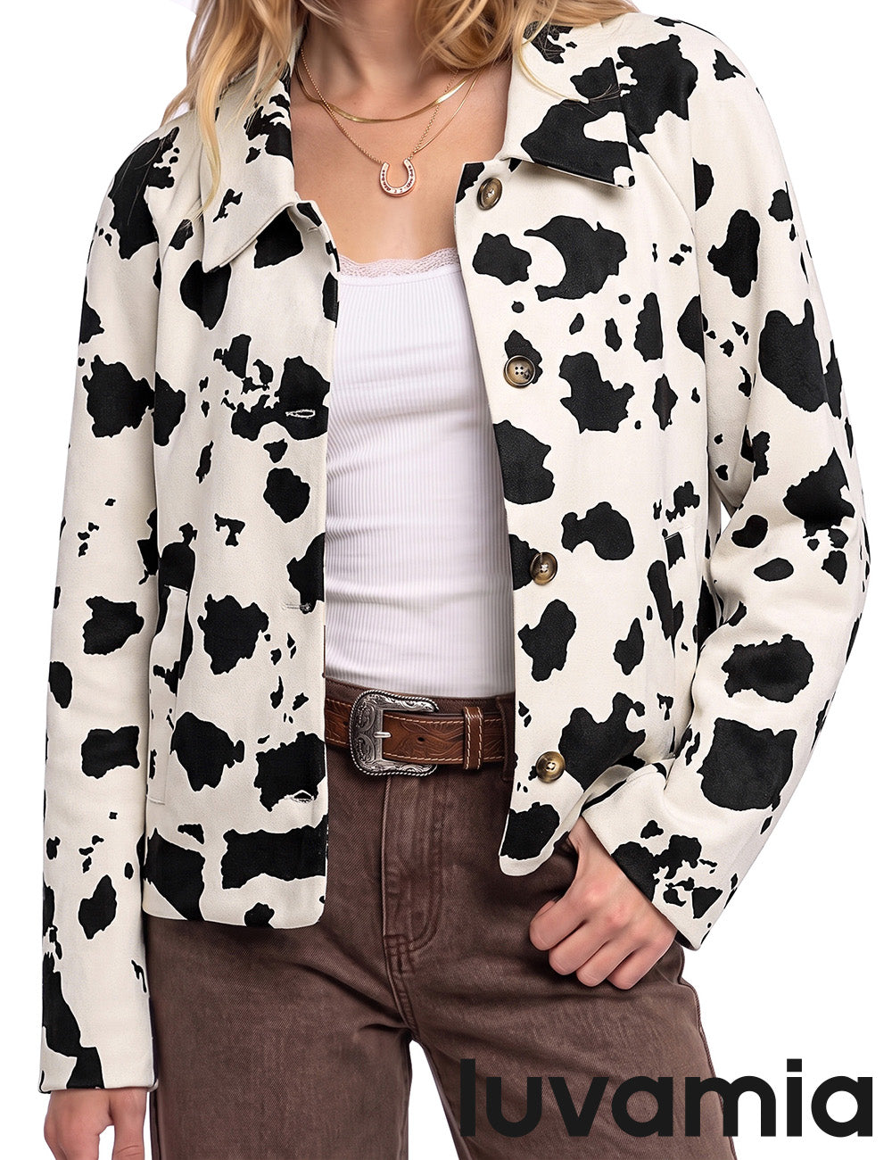 luvamia Faux Suede Cow Print Fall Jackets For Women Cropped Jacket Shacket Faux Leather, Full Lining, Button Down Shackets For Women With Pockets, Oversized Fall Outerwear, Cowgirl Outfits For Women