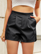 luvamia Faux Leather Shorts for Women High Wasited Pull On Pleated Side Slit Pleather Shorts with Elastic Waist Pockets