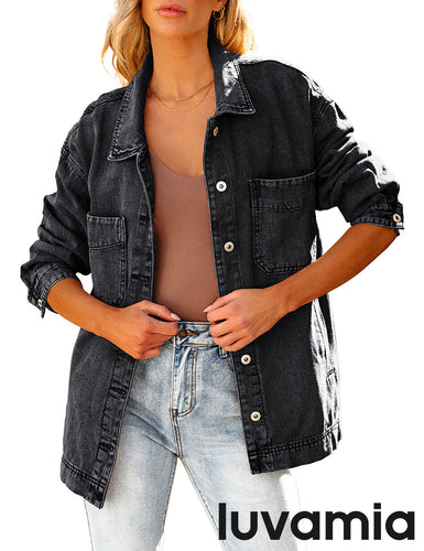 LUVAMIA Women's Denim Button Down Shacket Long Sleeve Trendy Slit Hem  Jean Coat with Pocket