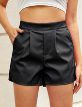luvamia Faux Leather Shorts for Women High Wasited Pull On Pleated Side Slit Pleather Shorts with Elastic Waist Pockets