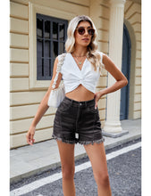 LUVAMIA Women's Stretch Denim Shorts High Waisted Raw Hem Jean