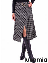 luvamia Plaid Midi Skirts for Women High Waist A-Line Fall Skirt with Belt Front Slit Opening, Asymmetrical Front Hem, Overlapping Front Panel, Diagonal Plaid Pattern, Back Elastic Waist, Fall Outfits