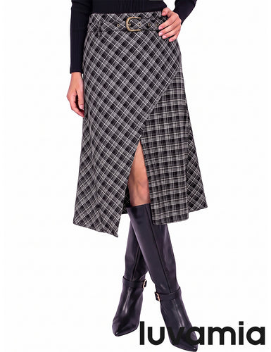 luvamia Plaid Midi Skirts for Women High Waist A-Line Fall Skirt with Belt Front Slit Opening, Asymmetrical Front Hem, Overlapping Front Panel, Diagonal Plaid Pattern, Back Elastic Waist, Fall Outfits