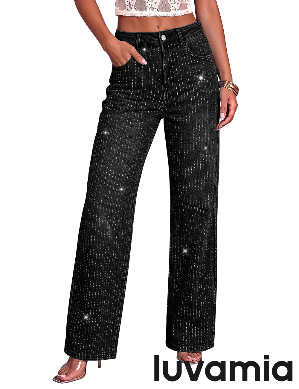 luvamia FleXclusive Rhinestone Jeans High Waisted Stretch Glitter Womens Wide Leg Jeans Glittering Rhinestone Embellished Jeans, 29.5