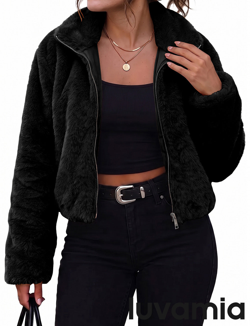 luvamia Faux Fur Jackets for Women Fall Cropped Coat Fuzzy Winter Outerwear Zip Up Front, Modern Retro Style, Lapel Collar, Drop Shoulder, Long Sleeve, Autumn Layering, City Chic Outerwear, Wide Collar
