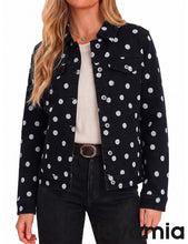 luvamia Jean Jacket Women Polka Dot Fall Stretch Denim Jacket With Pockets Classic Trucker Silhouette, Slightly Cropped Fit, Chest Flap Pockets, Button Front, Country Concert, Fall Outfits for Women